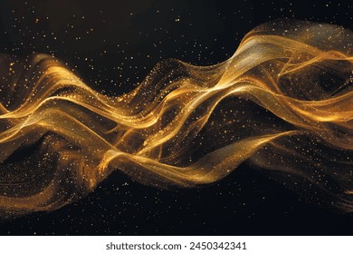 3d Gold wavy flowing lines and golden glitter on black background. Luxury golden flow wave lines glowing pattern with gold spray, sparckles. Shiny glittery ornate modern design. Liquid ornaments.