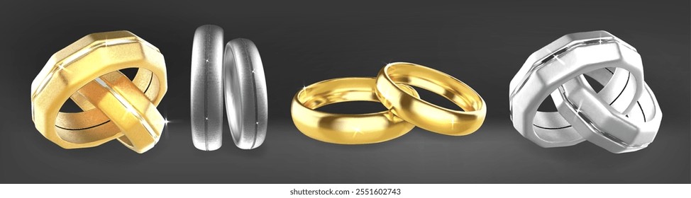 3d gold wedding ring. Couple marriage jewelry isolated. Two engagement object in silver and golden design for ceremony. Platinum love symbol for bridal salon illustration. Luxury unity metal gift