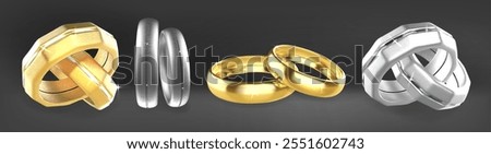 3d gold wedding ring. Couple marriage jewelry isolated. Two engagement object in silver and golden design for ceremony. Platinum love symbol for bridal salon illustration. Luxury unity metal gift