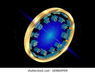 3D gold wheel of the zodiac, set collection of 12 zodiac signs, Aries, Taurus, Leo, Gemini, Virgo, Scorpio, Libra, Aquarius, Sagittarius, Pisces, Capricorn, Cancer. Vector isolated on black background