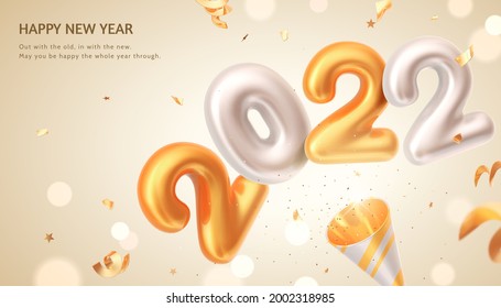 3d gold and white 2022 foil balloon with confetti on shiny bokeh background. Suitable for luxury New Year party invitation and greeting card.