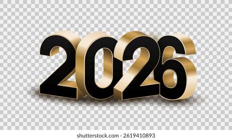 Ouro 3D, branco e preto 2026 Feliz ano novo cartas sobre transparente, branco e preto fundo vetor ilustração. Vetor de texto 3d 2026 