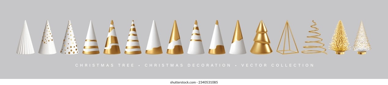 3d Gold weiße, realistische Weihnachtsbäume einzeln auf Hintergrund. Weihnachtsdekoration für Postcard, Poster, Banner, Website. Vektorgrafik EPS10