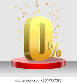Ouro 3D zero por cento ou 0% oferta especial com pódio de cilindro vermelho sobre fundo branco.