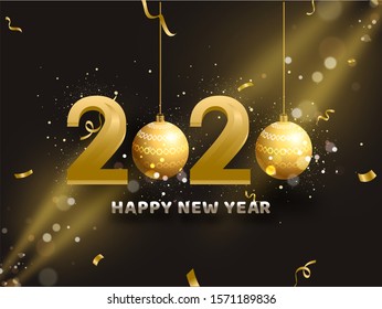 3D Golden 2020 text with hanging baubles on brown lighting effect background for Happy New Year celebration greeting card design.