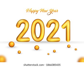3D Golden 2021 Happy New Year Text With Pearls On White Background.