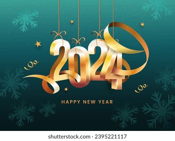 3D Golden 2024 Number Hang With Golden Ribbon Curvy, Stars And Snowflakes on Teal Background For Happy New Year.