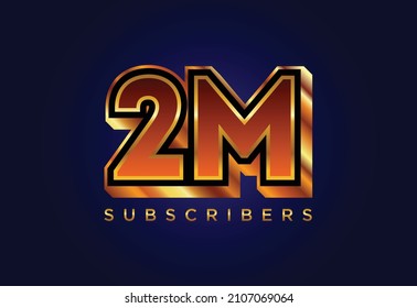 3d golden 2M subscribers social media celebration design. Vector illustration