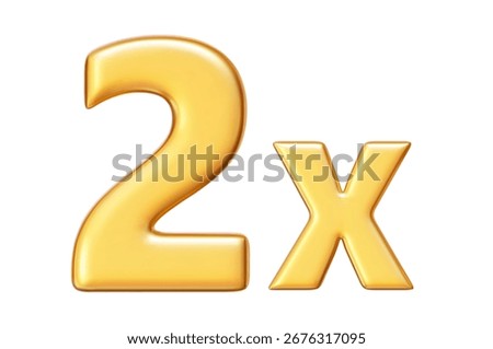 3d golden 2x icon. X2 reward increase metal symbol. Stock vector illustration on isolated background.