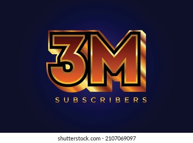Diseño de celebración de 3d suscriptores dorados 3M en medios sociales. Ilustración del vector