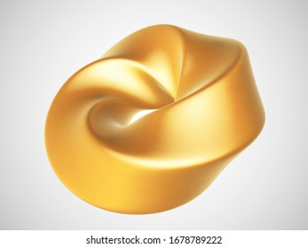 3D golden abstract geometric shape isolated on white background. Glamorous and luxury gold decoration element. Vector illustration of twisted geometric object.