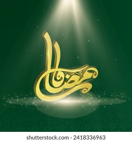 3D Golden Arabic Calligraphy of Ramadan on Light Effect Green Background for Islamic Festival Celebration Concept. Can Be Used Design as a Greeting Card.