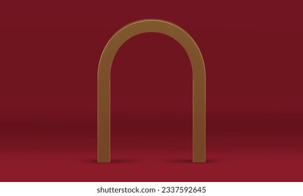 3d arco dorado elegante elemento de decoración geométrica de lujo en la ilustración del vector de fondo de estudio rojo. Moda realista metálica lustrosa curvada sala de exposición de arcos para publicidad comercial de productos de primera calidad