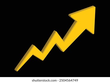 3D Golden arrow is going up isolated on a black background. 3D gold arrow, Vector.Business concept, growing chart. Concept of sales symbol icon with arrow moving up. Economic Arrow With Growing Trend.