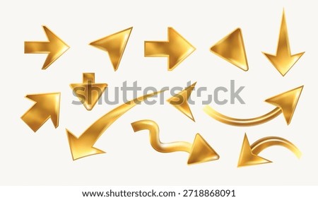3d golden arrows. Realistic gold liquid mouse cursor, abstract y2k pointer figure up down left right perspective sign inflate balloon arrows, exact isolated vector illustration