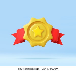 3D Golden badge with a star and red ribbons, symbolizing recognition, achievement, or premium quality.Trendy gold sport or business award, abstract victory badge. 3d rendering. Vector illustration