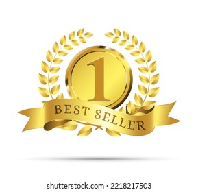 3d golden best seller award label. Realistic premium warranty badge with ribbon and laurel wreath