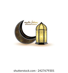 3d linterna negra de oro lámpara islámica ramadan kareem eid mubarak saludos.Traducción: "Saludos de musulmanes sagrado mes de ayuno".