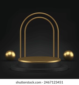 3d golden black luxury podium pedestal for premium product presentation realistic vector illustration. Dark trendy geometric showcase with arch wall background and sphere for advertising show