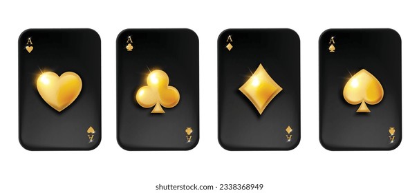 3D golden black poker card ace set, vector game UI casino Texas royal holdem online gambling kit. Vegas luxury VIP winner emblem, shiny hearts jewellery symbol isolated on white. Four ace card clipart