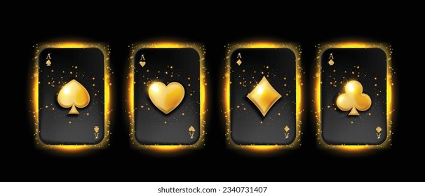 3D golden black poker card vector ace set, game UI casino Texas royal holdem online gambling kit. Vegas luxury VIP winner emblem, glow hearts jewellery symbol isolated on white. Four ace card clipart