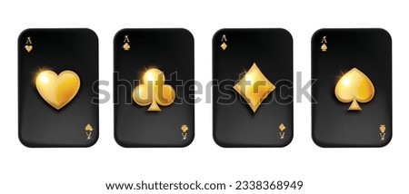 3D golden black poker card ace set, vector game UI casino Texas royal holdem online gambling kit. Vegas luxury VIP winner emblem, shiny hearts jewellery symbol isolated on white. Four ace card clipart