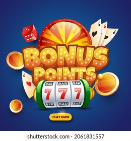 3D Golden Bonus Points Font In Marquee Lights And Casino Elements On Blue Background.