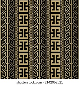 3d golden Borders. Greek seamless pattern. Ornamental border background. Repeat modern ornament. Tribal ethnic style design. Abstract patterned ornate backdrop. Greek key, meanders, zipper, stripes.