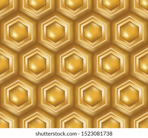 3D golden bright honeycomb seamless pattern tile with luxury elegant design for backgrounds, wallpapers, walls, interior design, creative surfaces, textile and fabric. rich seamless design. 