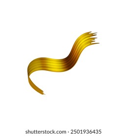 3D golden brush ribbon volume paint smear texture. Abstract brushstroke wave flow design element. Realistic watercolor trace undulating piece. Vector render illustration isolated on white