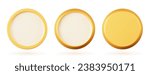 3D golden button. Vector illustration of a gold object on a white isolated background. Yellow medal or coin. 3D render Interface icon.