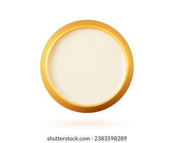 botón dorado 3D. Ilustración vectorial de un objeto dorado sobre un fondo aislado blanco. Medalla o moneda amarilla. Icono de interfaz de procesado 3D.