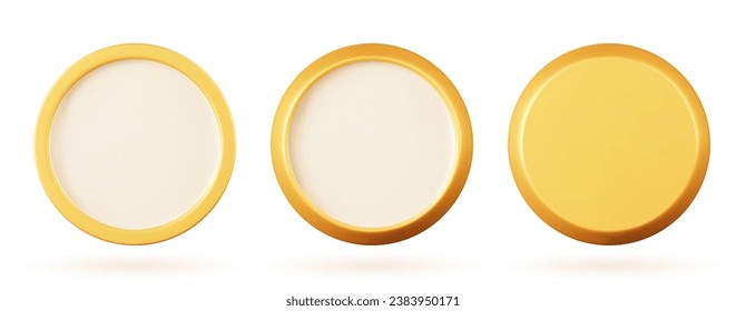 3D golden button. Vector illustration of a gold object on a white isolated background. Yellow medal or coin. 3D render Interface icon.