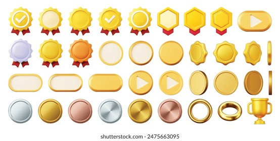 3D golden button. Vector illustration of a gold object on a white isolated background. Yellow medal or coin. 3D render Interface icon.