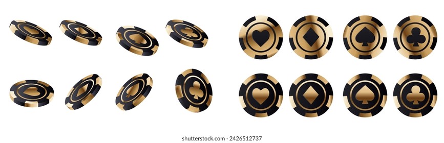 3d golden casino club poker chip rotation vector. Realistic isolated gold and black metal luxury blackjack symbol animation