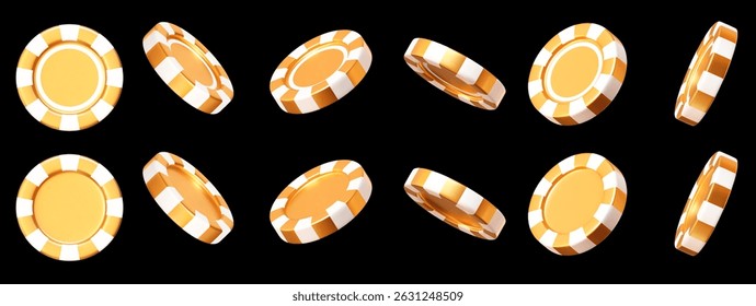 3d golden casino poker chips. Gold and white chips for betting and gambling games. Stock vector illustration on black isolated background.	
