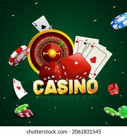 3D Golden Casino Text With Roulette Wheel, Playing Cards, Dices And Poker Chips On Green Background.