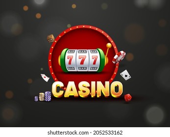 3D Golden Casino Text With Slot Machine, Poker Chips, Dice, Playing Card And Marquee Round Frame On Black Bokeh Background.