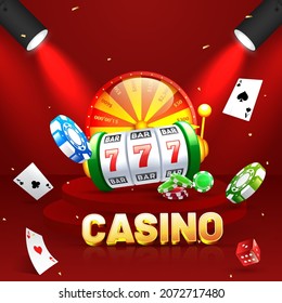 3D Golden Casino Text With Slot Machine, Fortune Wheel, Ace Cards, Poker Chips And Focus Lights On Red Stage Background.