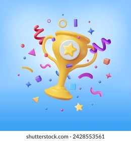 3D Golden Champion Trophy with Confetti. Render Gold Cup Trophy Icon. Gold Trophy for Competitions. Award Victory, Goal, Champion Achievement, Prize, Sports Award, Success Concept. Vector Illustration