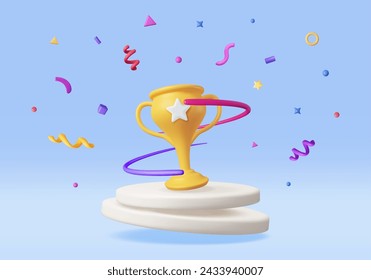 3D Golden Champion Trophy with Confetti on Podium. Render Gold Cup Trophy Icon. Gold Trophy for Competitions. Award Victory, Goal Champion Achievement, Prize Sports Award, Success. Vector Illustration