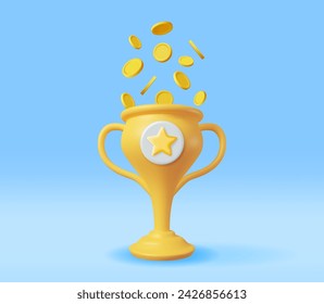 3D Golden Champion Trophy with Gold Coins. Render Money, Cup Trophy Icon. Gold Trophy for Competitions. Award, Victory, Goal, Champion Achievement, Prize, Sports Award, Success. Vector Illustration