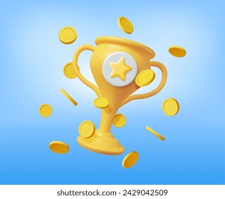 3D Golden Champion Trophy with Gold Coins. Render Money, Cup Trophy Icon. Gold Trophy for Competitions. Award, Victory, Goal, Champion Achievement, Prize, Sports Award, Success. Vector Illustration