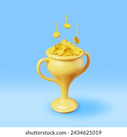 3D Golden Champion Trophy with Gold Coins. Render Money, Cup Trophy Icon. Gold Trophy for Competitions. Award, Victory, Goal, Champion Achievement, Prize, Sports Award, Success. Vector Illustration