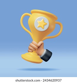 3D Golden Champion Trophy in Hand. Render Gold Cup Trophy Icon. Gold Trophy for Competitions. Award, Victory, Goal, Champion Achievement, Prize, Sports Award, Success Concept. Vector Illustration