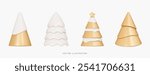 3D Golden Christmas tree icon set. New year emoji objects. Abstract decorations for Christmas cards. Cone pine tree with snow and gold star. Cartoon creative design icons. 3D Vector Illustration