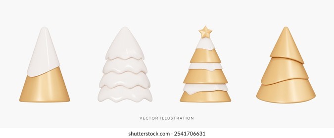 3D Golden Christmas tree icon set. New year emoji objects. Abstract decorations for Christmas cards. Cone pine tree with snow and gold star. Cartoon creative design icons. 3D Vector Illustration