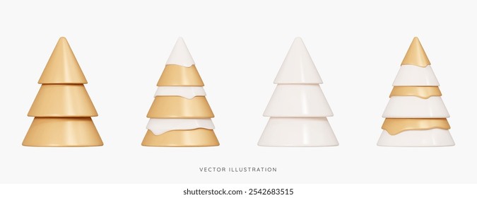3D Golden Christmas tree icon set. New year emoji objects. Abstract decorations for Christmas cards. Cone pine tree with snow. Cartoon creative design icons isolated on white. 3D Vector Illustration