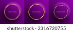 3D golden circles set on purple background. Gold colored luxury frame pack on dark space. Modern graphic design element glowing style concept for banner, flyer, card, landing page, or brochure cover