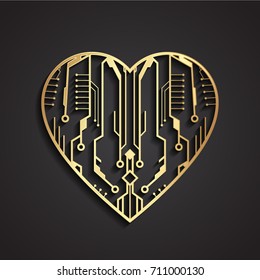 3d golden circuit board heart